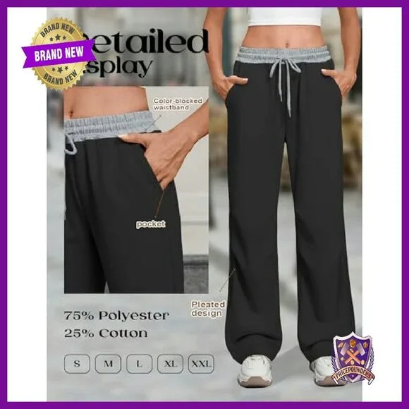 Wide Leg Track Pants with Color Block Waistband, Low Rise Sweatpants, Y2K - Picture 6 of 6